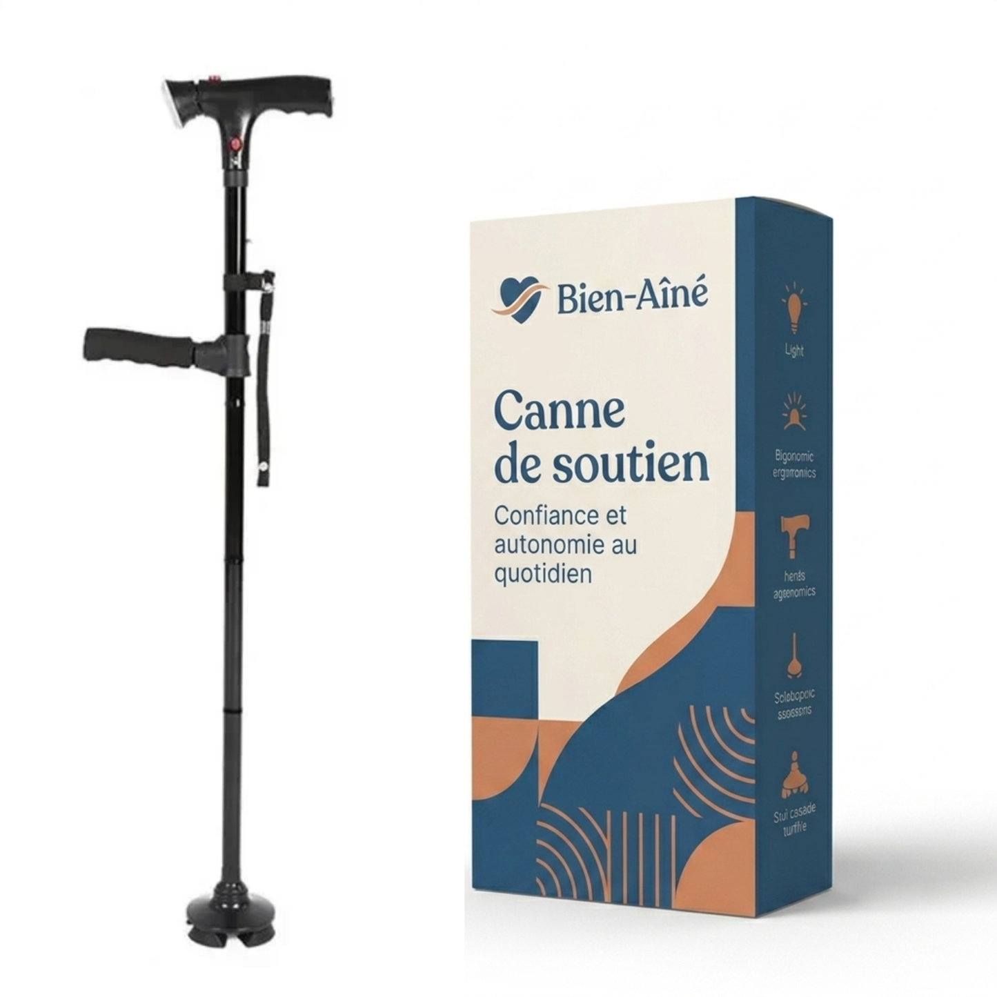 Canne de soutien avec lampe torche intégrée